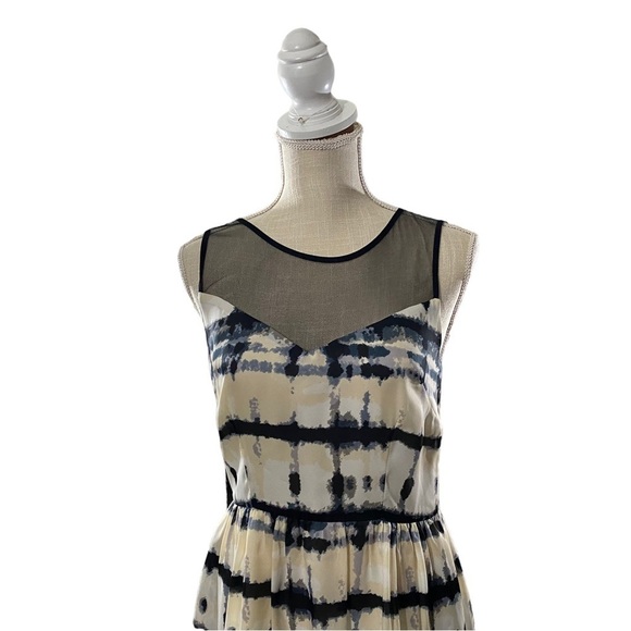Bar III Women Cream Blue Abstract At Knee A-Line Dress Sz M Mesh Neck Sleeveless - Picture 2 of 14
